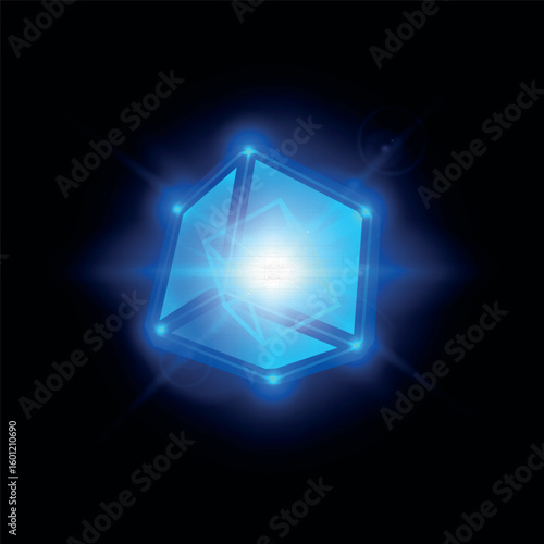 Blue neon transparent cube with rays, glow, highlights and bright light from the center.