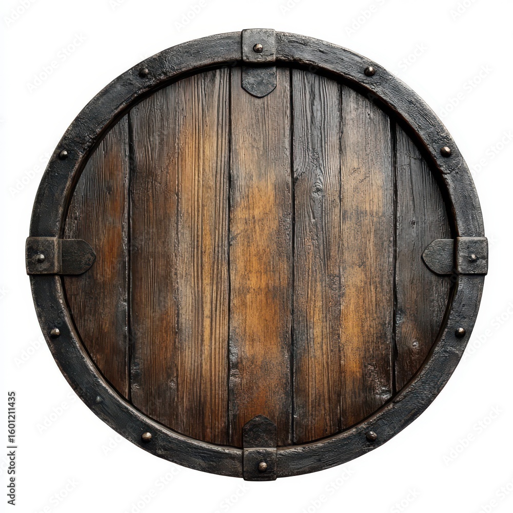 Fototapeta premium Wooden barrel lid with metal rim and rivets isolated on white background