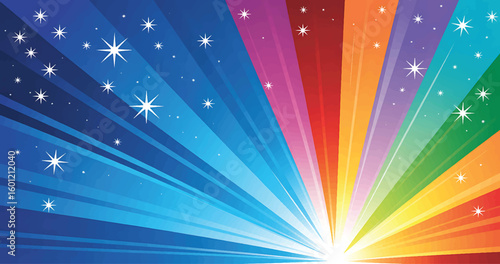 Colorful burst of light with starry sky background in a gradient rainbow design