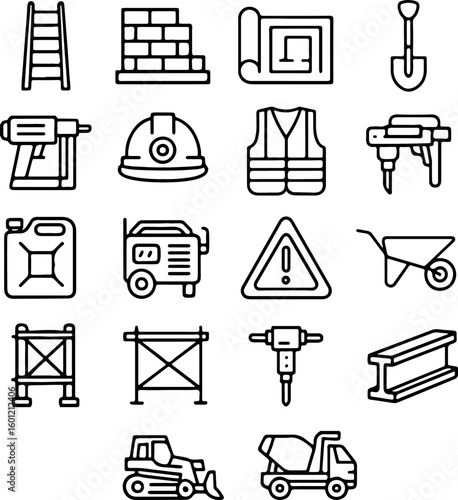 Collection of hand drawn construction equipment and safety gear icons for building projects