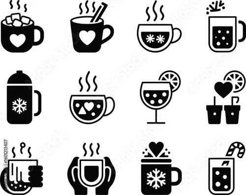 Collection of winter hot drinks and beverages icons with hearts and snowflakes
