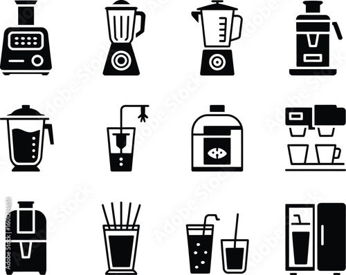 Collection of kitchen appliance icons featuring blenders juicers and coffee makers
