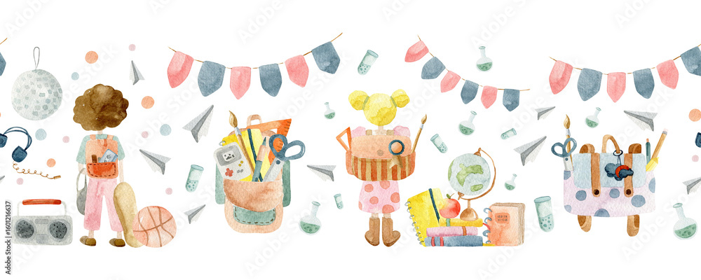 Fototapeta premium Watercolor seamless Border Back to School with colorful school tools – backpack, pencils, books, ruler, scissors. Hand-drawn design for education, classroom materials, fabric design and more. 