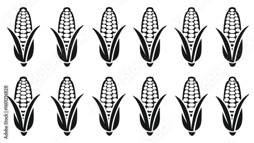 Pattern of black and white corn stalks with cobs