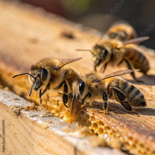 Wallpaper Mural Close up of honey bees on a wooden surface with honeycomb visible in the corner Torontodigital.ca