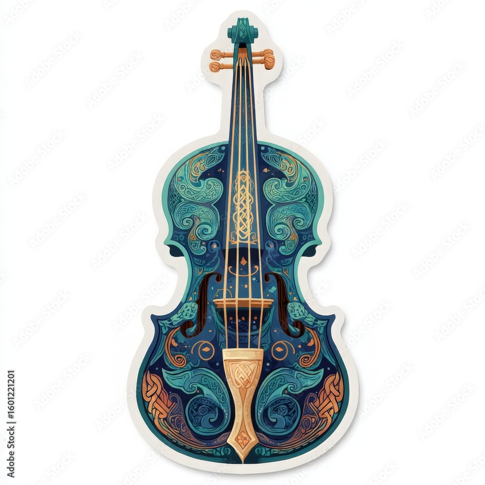 Naklejka premium Ornate illustration of a decorative violin featuring Celtic-inspired patterns in blue and green with golden details