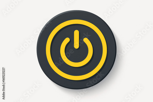 Flat 3D Circular Power Button Icon – Yellow UI/UX Element on White Background for Modern App Design