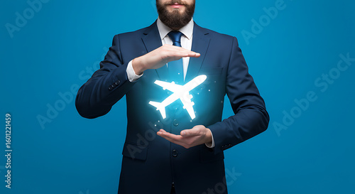 Businessman Presenting Airplane Icon on Blue Background for Travel or Aviation Concept

