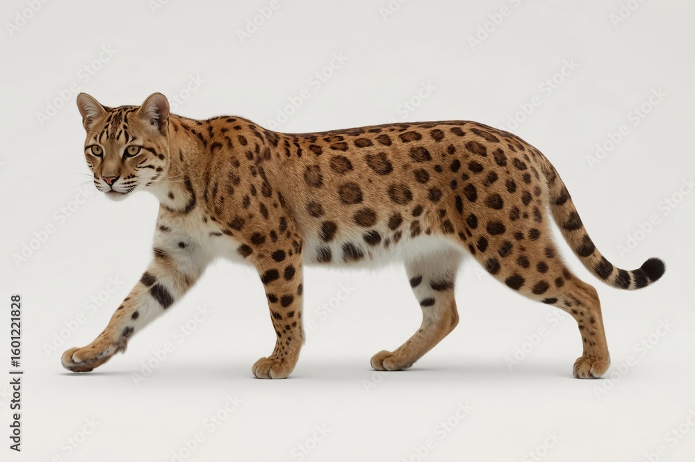 Fototapeta premium Studio shot of ocelot walking, white background