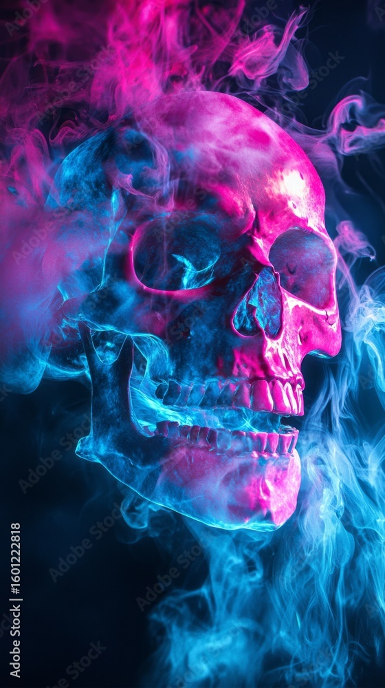 Obraz premium This striking image features a vibrant colored skull enveloped in neon smoke, showcasing a captivating blend of colors and abstract elements that evoke strong human emotions.