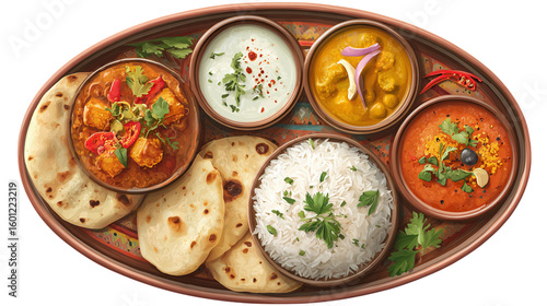 Top-down view of colorful Indian thali with rice, naan, and curries in a round tray, stylized 3D food icon isolated on transparent background 