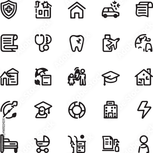 Insurance Icons: A comprehensive collection of crisp, black icons symbolizing diverse insurance coverage options, from health and home to travel and beyond.