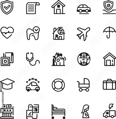 Insurance Icon Set: An extensive set of meticulously designed insurance icons representing various aspects of protection, encompassing areas like health, home, travel, and life.