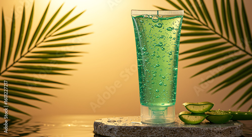 Green gel tube with aloe vera and palm leaves skincare