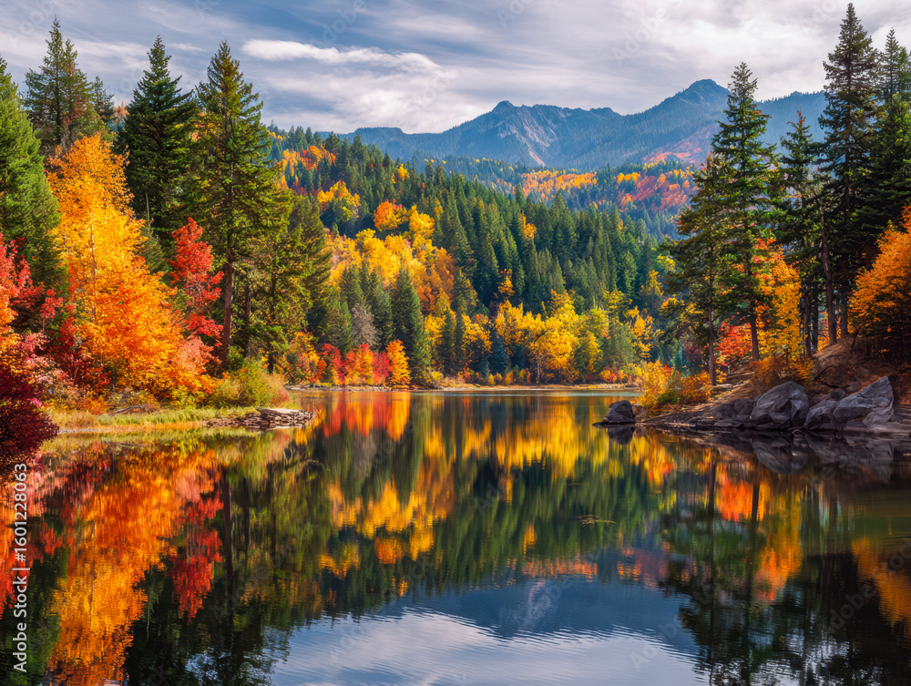 Fototapeta premium Serene autumn landscape with vibrant fall foliage reflected in a calm mountain lake