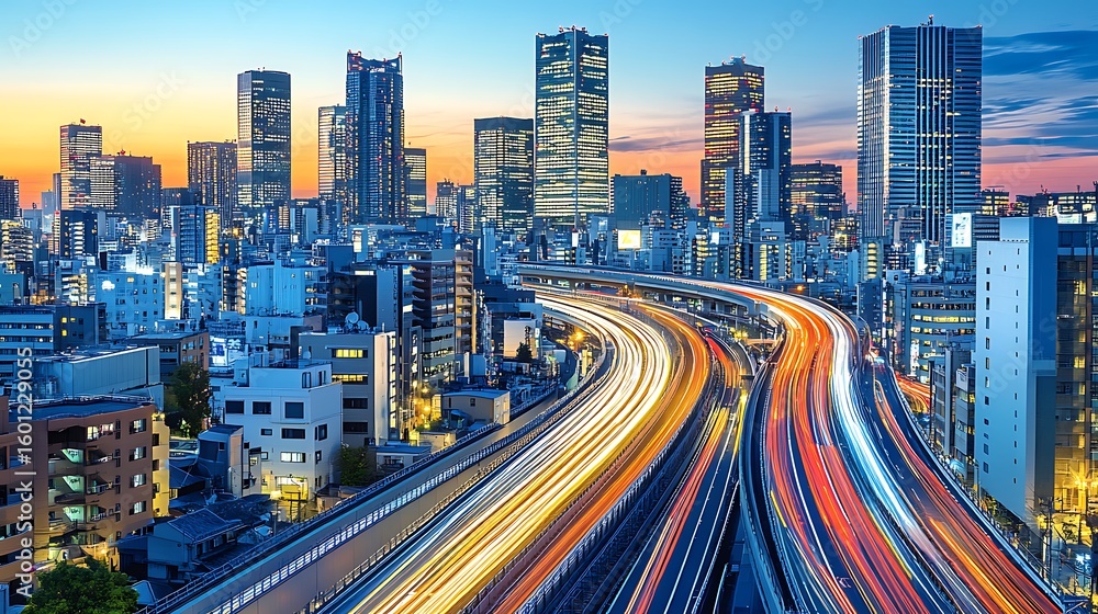Obraz premium City skyline with a highway network at twilight.