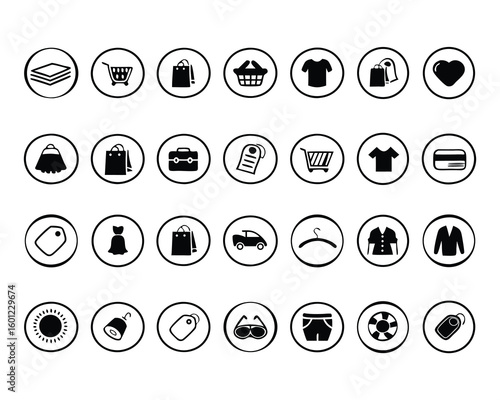 Black and white Shopping vector icon set.