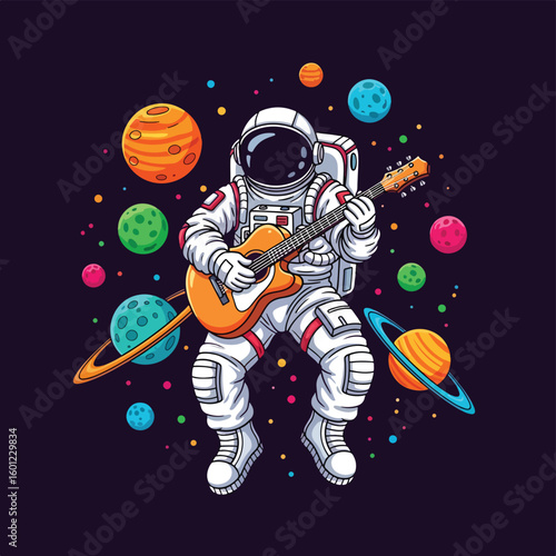 Adobe Illustrator artwork of an astronaut playing an electric guitar in space amidst colorful planets and stars. Perfect for themes of space rock, music, creativity, and cosmic vibes