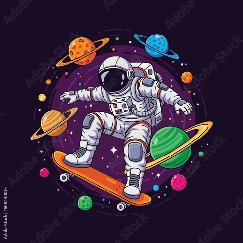 Adobe Illustrator artwork of an astronaut skateboarding in space, surrounded by vibrant planets and stars. Ideal for themes of extreme sports, cosmic adventure, and youthful energy