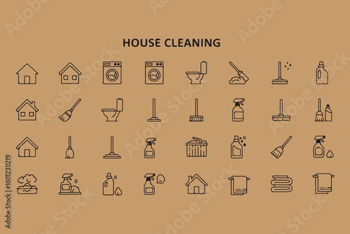Collection of house cleaning icons and symbols on brown background