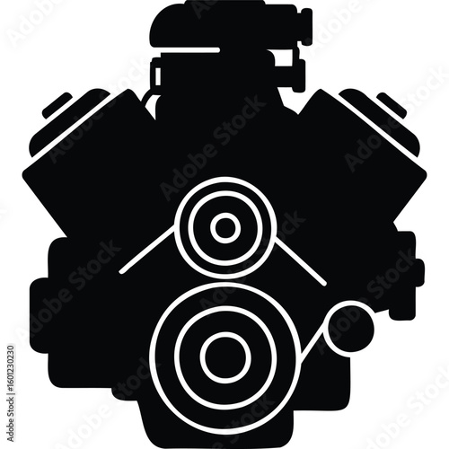 V8 Engine Silhouette, Powerful Car Motor, Automotive Icon, Black and White, Mechanic Symbol