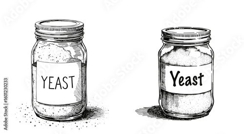 Vintage black pen sketch close up of yeast jars on white background  
