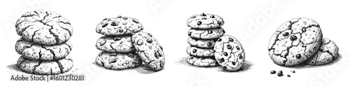 Set of Vintage black pen sketch close up on white background of oatmeal cookies  
