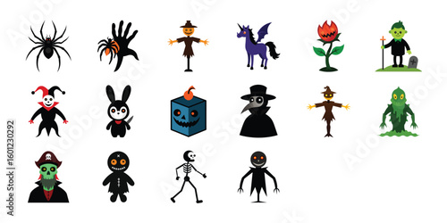 Vector art of a diverse collection of twenty halloweenthemed cartoon icons featuring monsters creatures and
