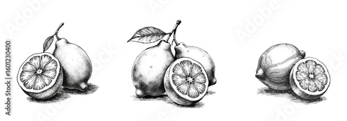 Set of Vintage black pen sketch close up on white background of lemons  
