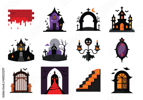 Vector art of a set of twelve halloweenthemed graphics and icons showcasing haunted houses spooky archways