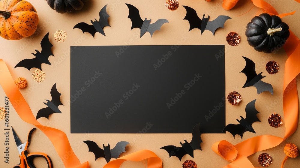 Fototapeta premium Celebrate the spirit of Halloween with a vibrant autumn arrangement featuring pumpkins, bats, and ribbons that create a festive, playful atmosphere, ideal for seasonal decorations.