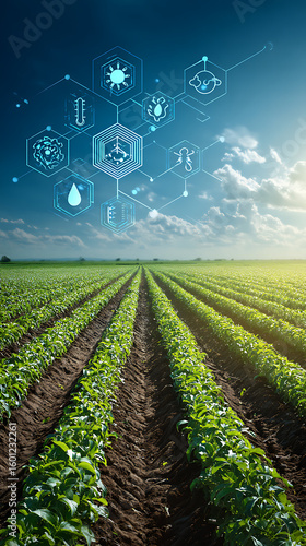 Agricultural technology data analysis in a green field under a blue sky agriculture