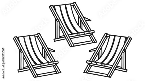 Three classic striped deck chairs on a white background