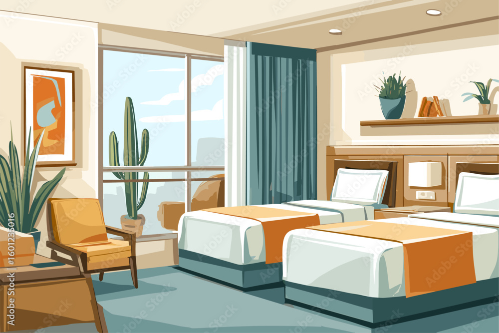 Fototapeta premium Modern Hotel Room Interior Design with Twin Beds and Stylish Decor