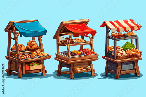 Colorful Food Stalls at a Market with Pastries and Fresh Fruits