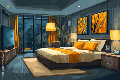 Modern Bedroom Interior Design with Warm Lighting and Urban View