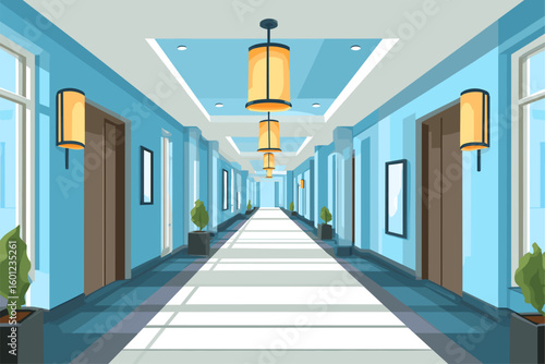 Stylish Modern Hallway with Blue Walls and Bright Lighting
