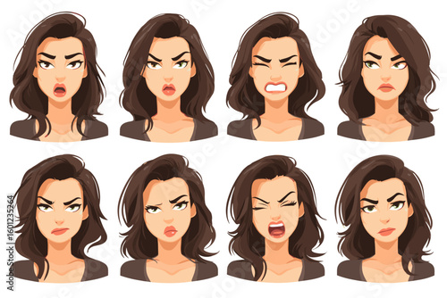 Set of Eight Cartoon Facial Expressions of a Young Woman