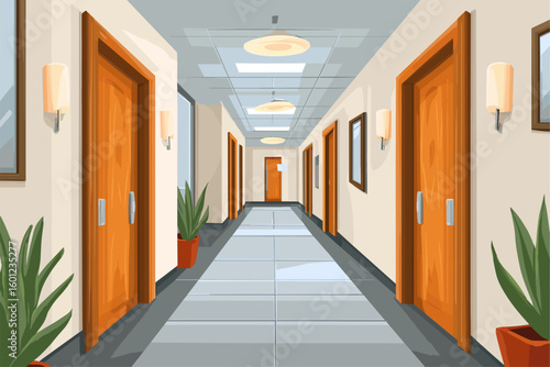 Illustration of a Modern Office Corridor with Doors and Decorative Plants