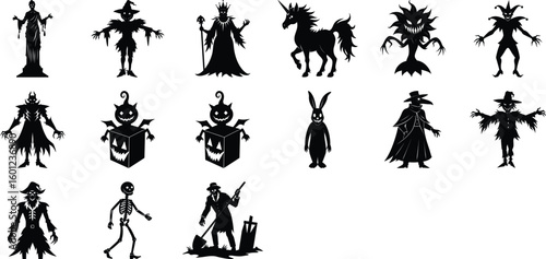 Vector art of a collection of black silhouette icons for halloween depicting various characters like a witch