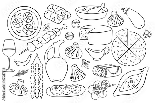 Hand-drawn black and white vector icons of Georgian national cuisine featuring khinkali dumplings, khachapuri cheese bread, churchkhela and wine set in simple line art style