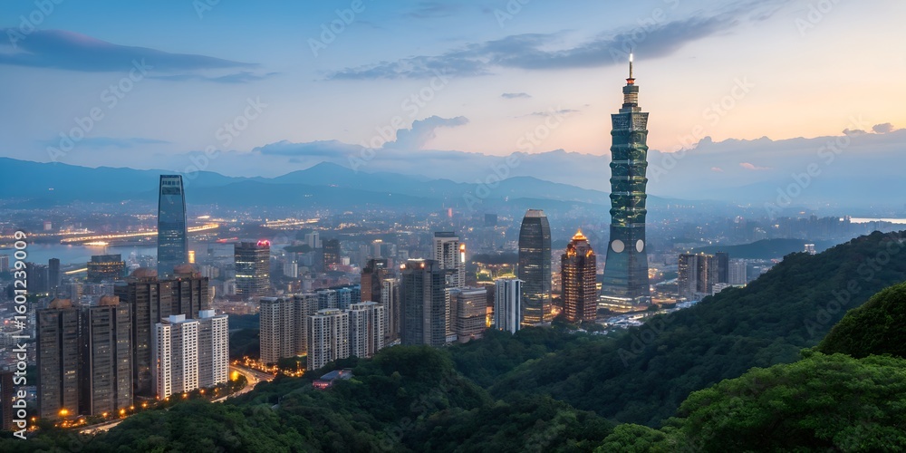 Fototapeta premium Aerial cityscape panorama of Hong Kong and Shanghai skylines at sunset, featuring iconic architecture and towering skyscrapers