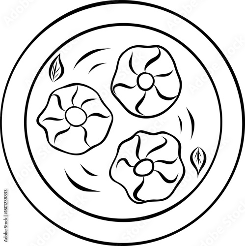 khinkali on a plate in sauce, national Georgian cuisine, simple vector black and white hand-drawn icons
