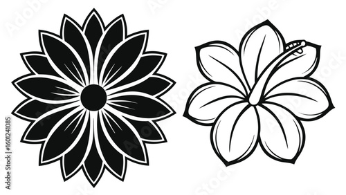 Two stylized floral designs one solid black and one sketched outline