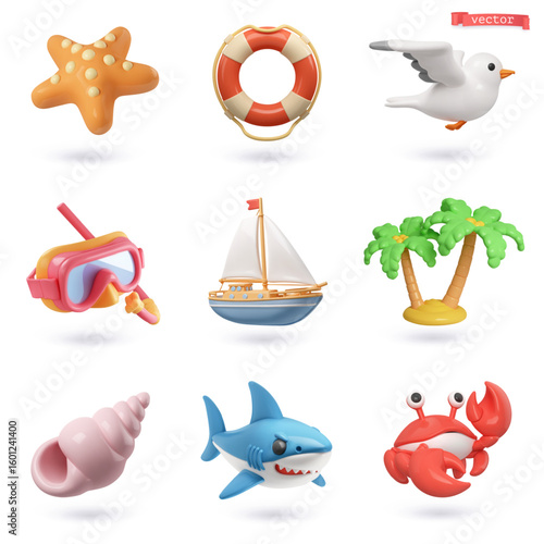 Sea 3d cartoon vector icon set
