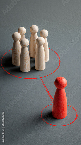 Isolated red figure separated from wooden group by red circles isolation separation