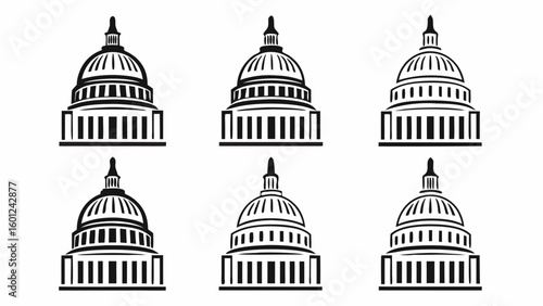 Collection of six stylized capitol building illustrations in black and white