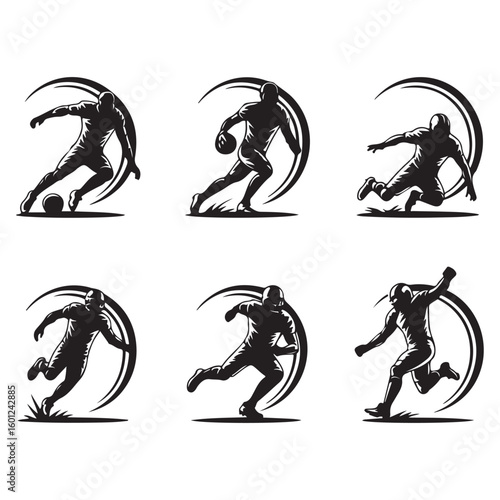Six black and white vector illustrations of football players in different action poses with circular design