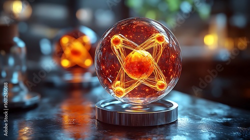 Atomic model within a glass sphere.