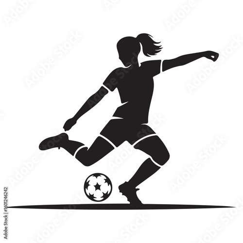 Silhouette of a female soccer player kicking a soccer ball with a white background in a vector image